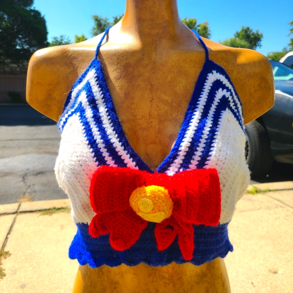 OOAK Handmade Crochet Sailor Moon Scout Crop Top Bralette Size XL